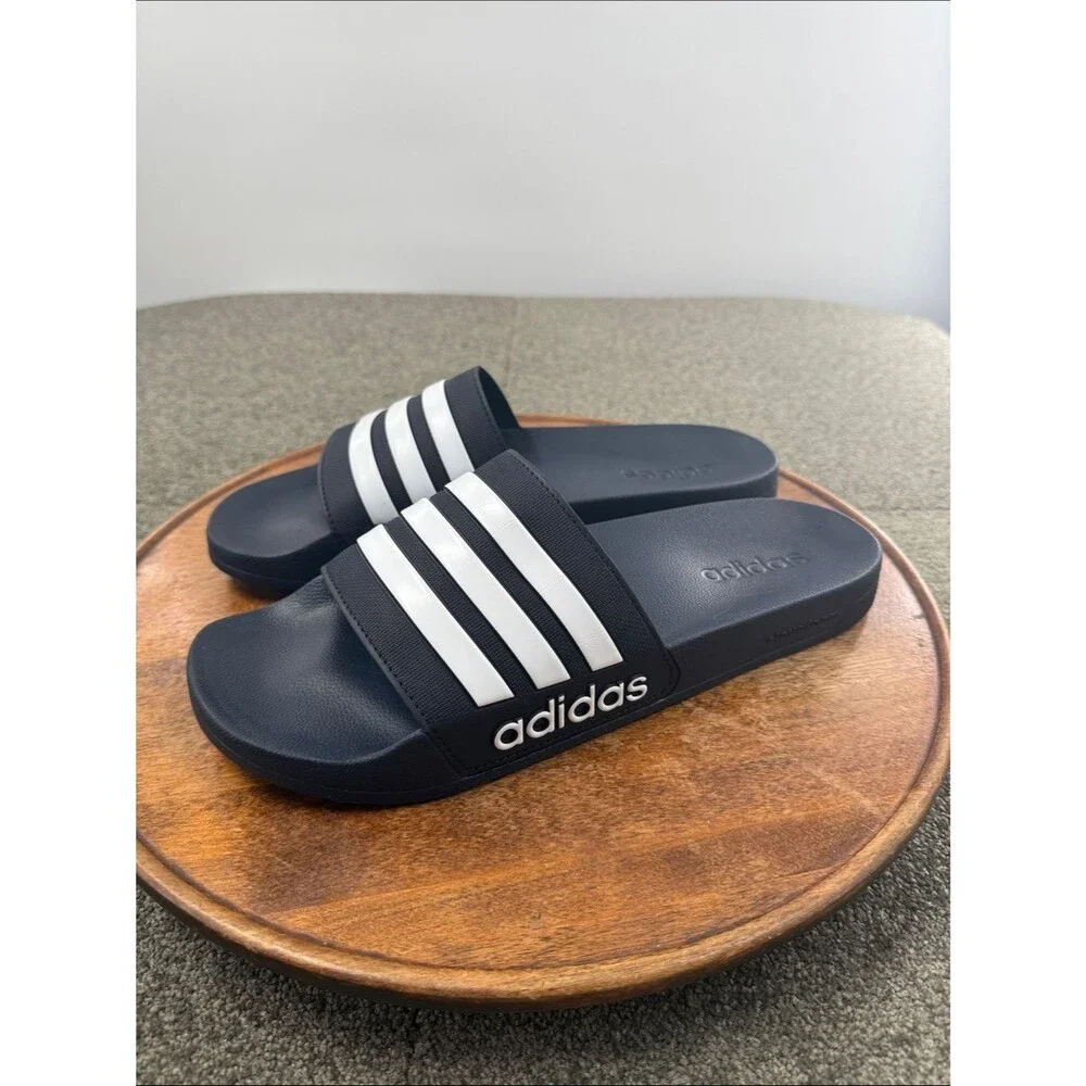 adidas Sandals Mens 13 Blue White Athletic Three-Stripe Adilette Shower Pool Gym